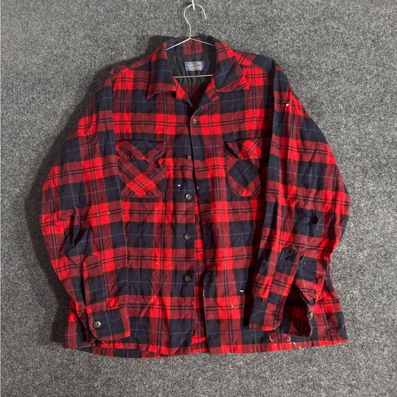 Vintage Pendleton 60s 70s Wool Plaid Flat Pocket Shirt Distressed Size Large SEE - Picture 1 of 15
